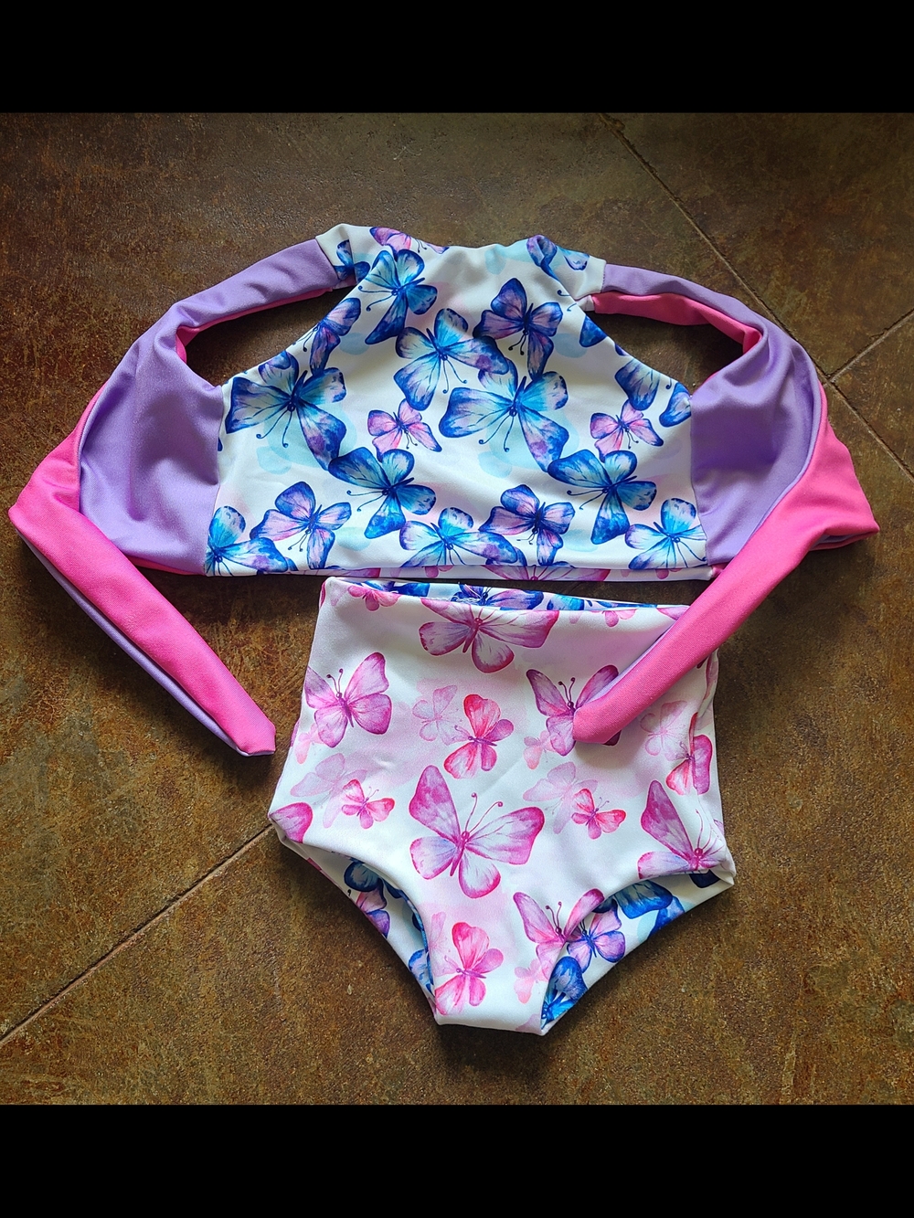 Reversible Kids Butterfly Rash Guard Two-Piece Swim Set - Pink & Purple